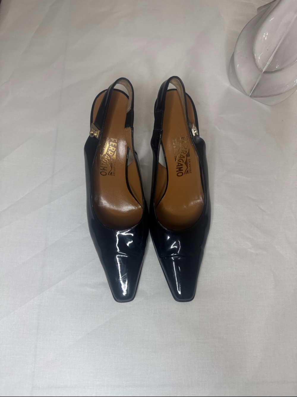 Salvatore Ferragamo Size 9 Black Patent Leather Slingbacks Gold Buckle High Heel